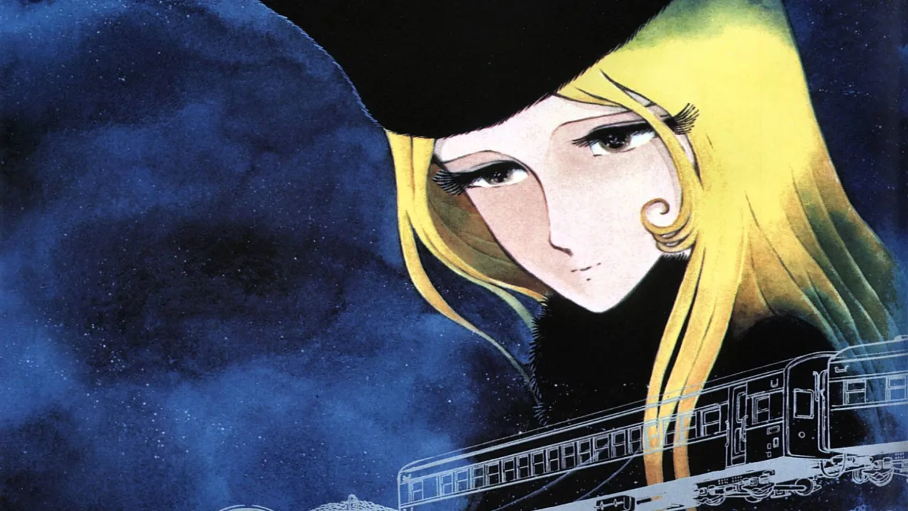 Jovem vestindo roupa de astronauta faz flexão sobre tapete, ao lado de pôster de Galaxy Express 999