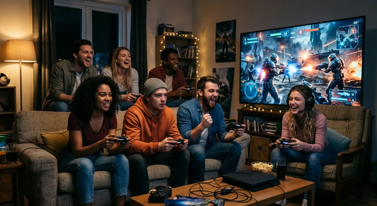 Jogador segurando controle Xbox, com tela exibindo a batalha intensa de Gears of War: E‑Day