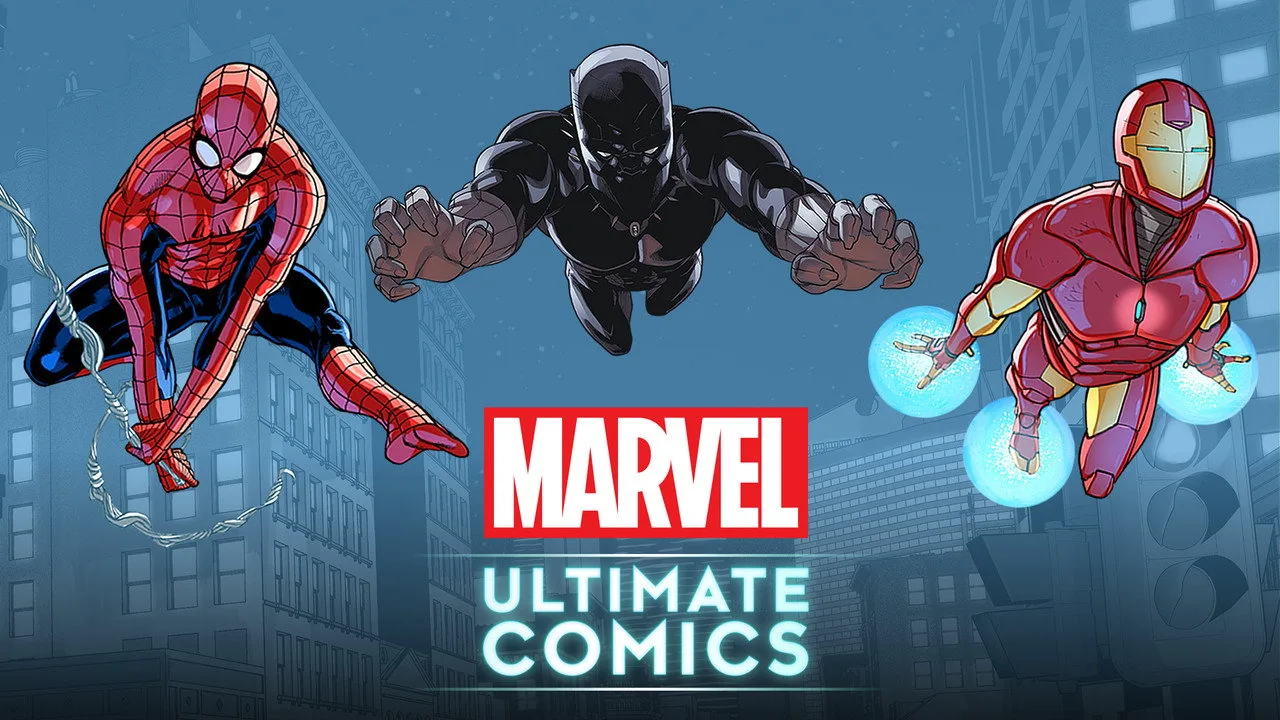 Pessoa lendo uma HQ da Marvel enquanto segura uma garrafa de água e uma maçã sobre uma mesa de escritório organizada