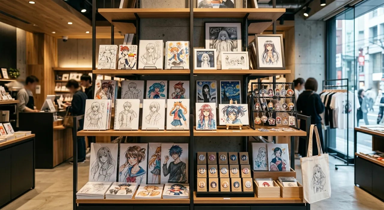 Estante colorida exibindo camisetas, canecas e pôsteres da Studio Ghibli, com personagens icônicos em destaque