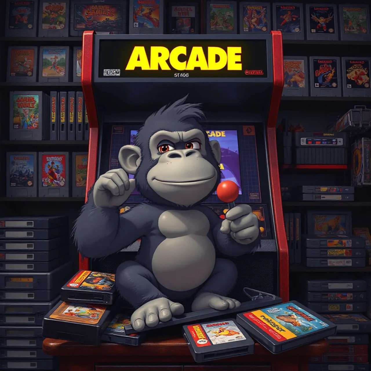 Toki, o macaco de pixel, aparece ao lado de cartuchos da Mega Drive, Neo Geo e Amiga, com seu logo em destaque