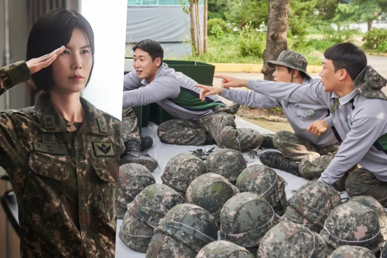 Major Gong Min Jung, em uniforme militar, observa um inventário ao lado de Kim Dong Jun e seu pelotão