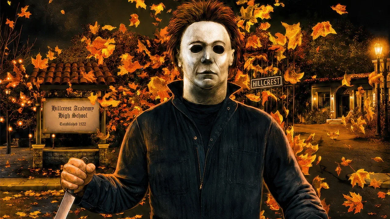 Jovem vestindo camiseta temática de Halloween faz agachamento segurando uma abóbora ao lado de halteres