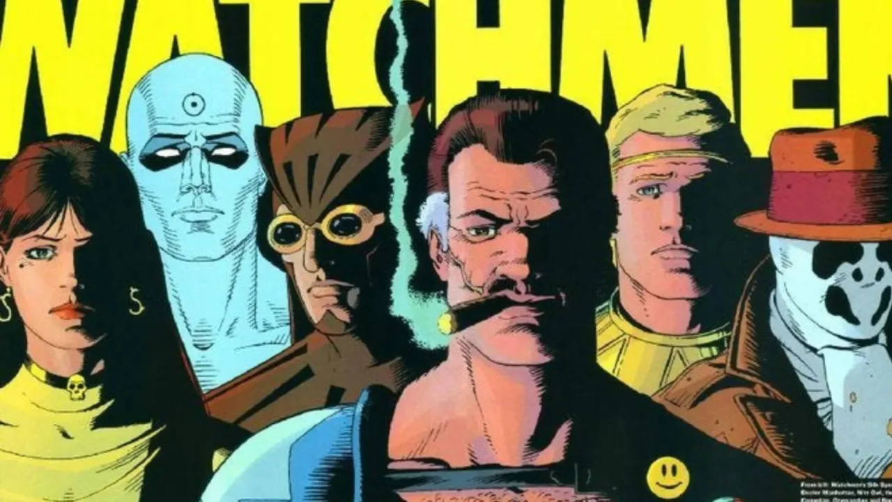 Capa colorida com capas de Watchmen, Miracleman e outros, sobrepostas a um fundo de papel de desenho