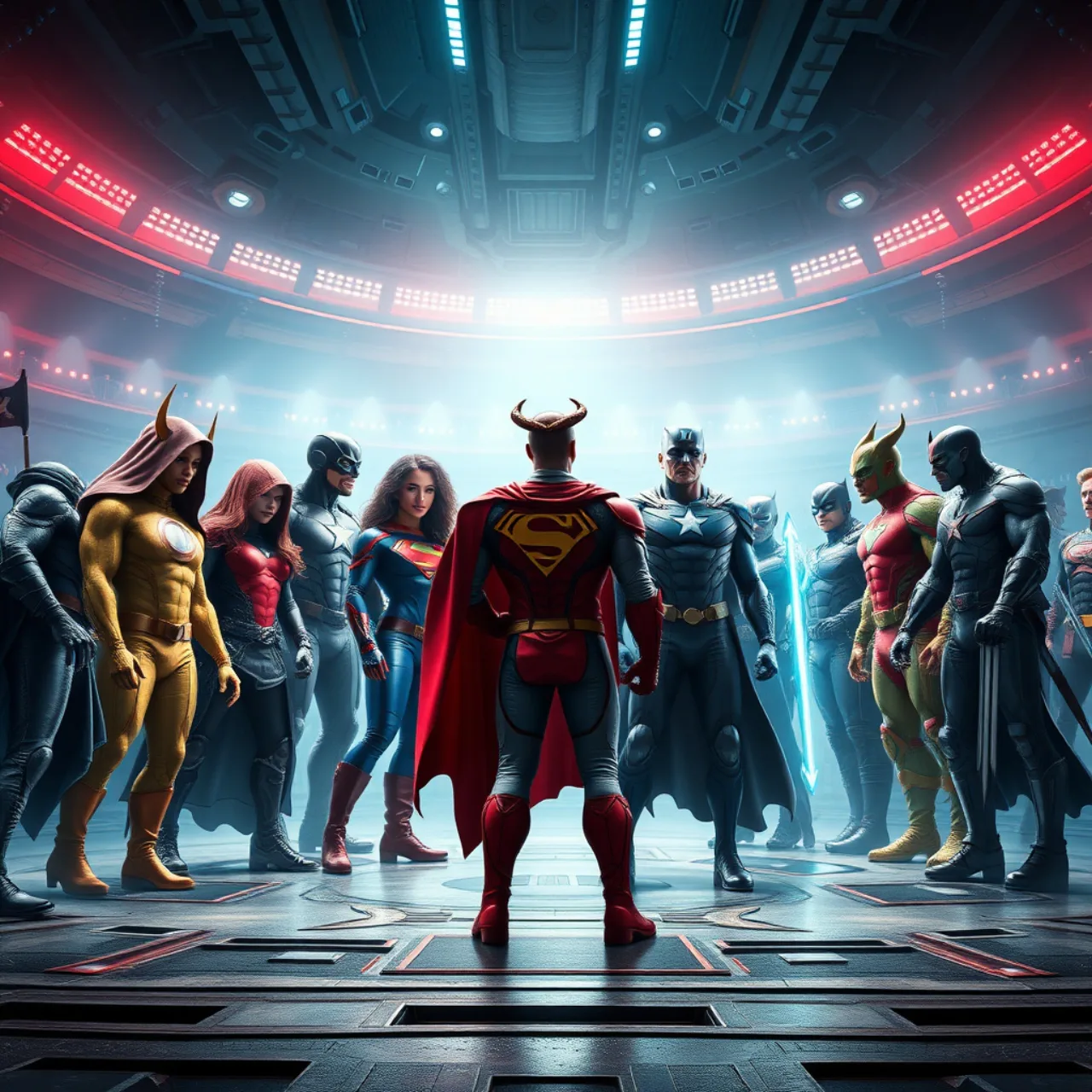 Atleta em roupa de treino, segurando um controle, rodeado por pôsteres de heróis da Marvel e luzes neon dos palcos