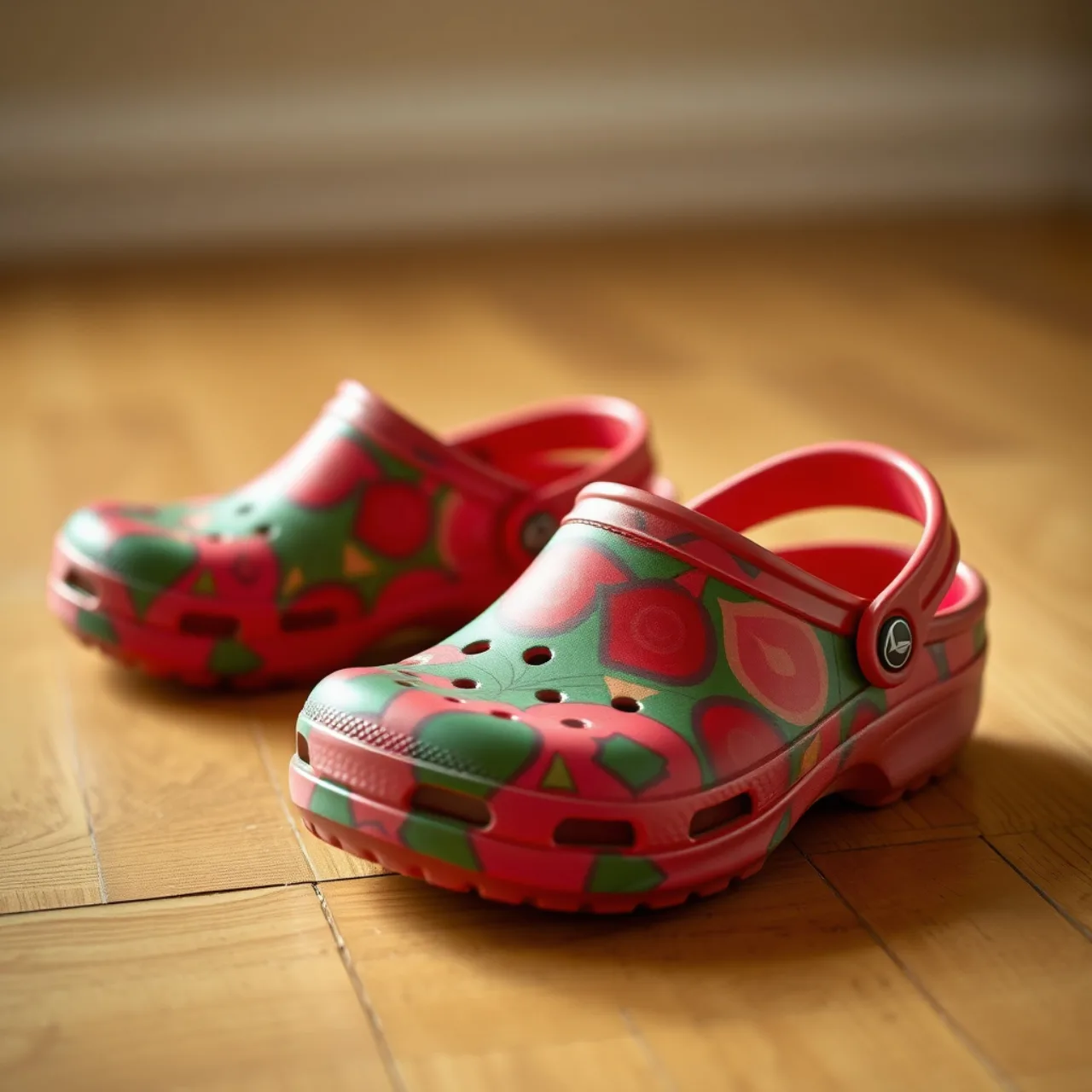 Um corredor usando Crocs Bowser e Mario, com tênis colorido, segurando halteres e garrafa de água ao ar livre