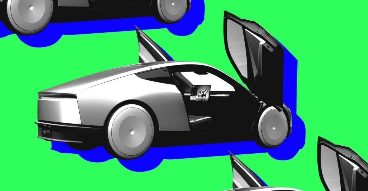 Elon Musk ao lado de um Model Y prata, com o logotipo da Tesla ao fundo e gráfico de produção crescente