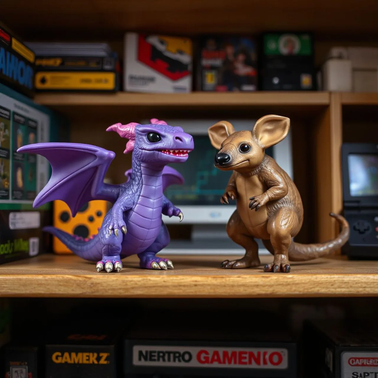 Figuras de vinil da Youtooz de Spyro, em azul, e Crash Bandicoot, em vermelho, ao lado de um logo da marca