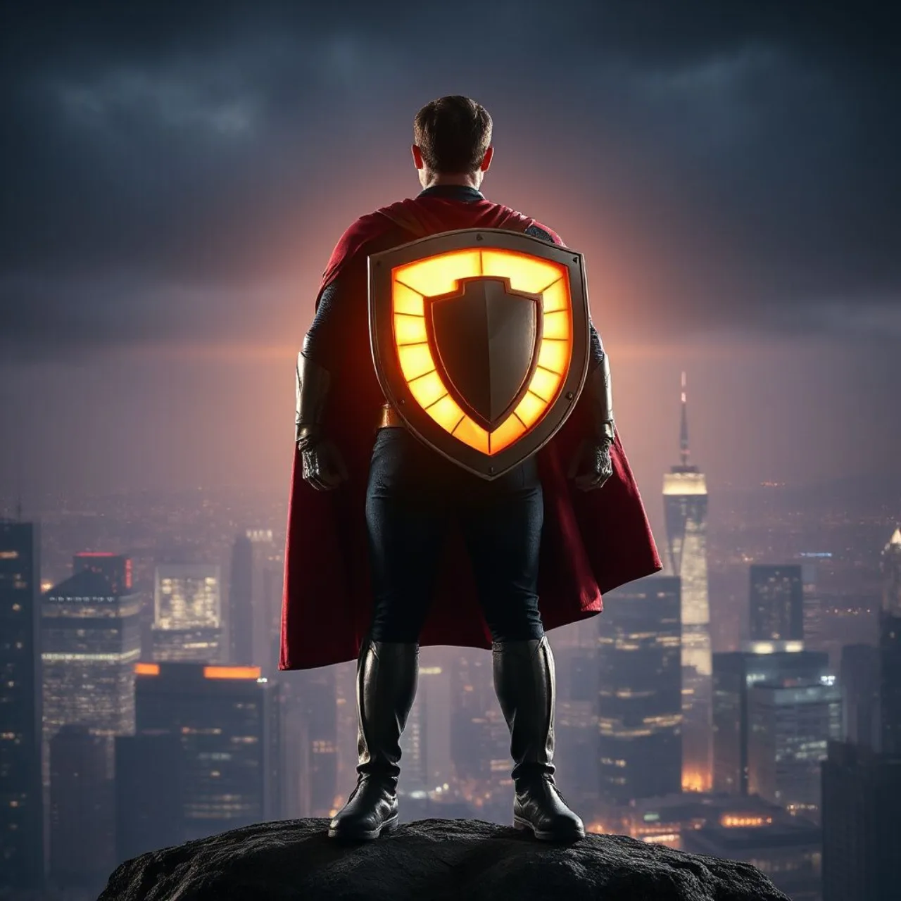 Superman voando sobre Metrópolis, com o símbolo “S” brilhando ao fundo