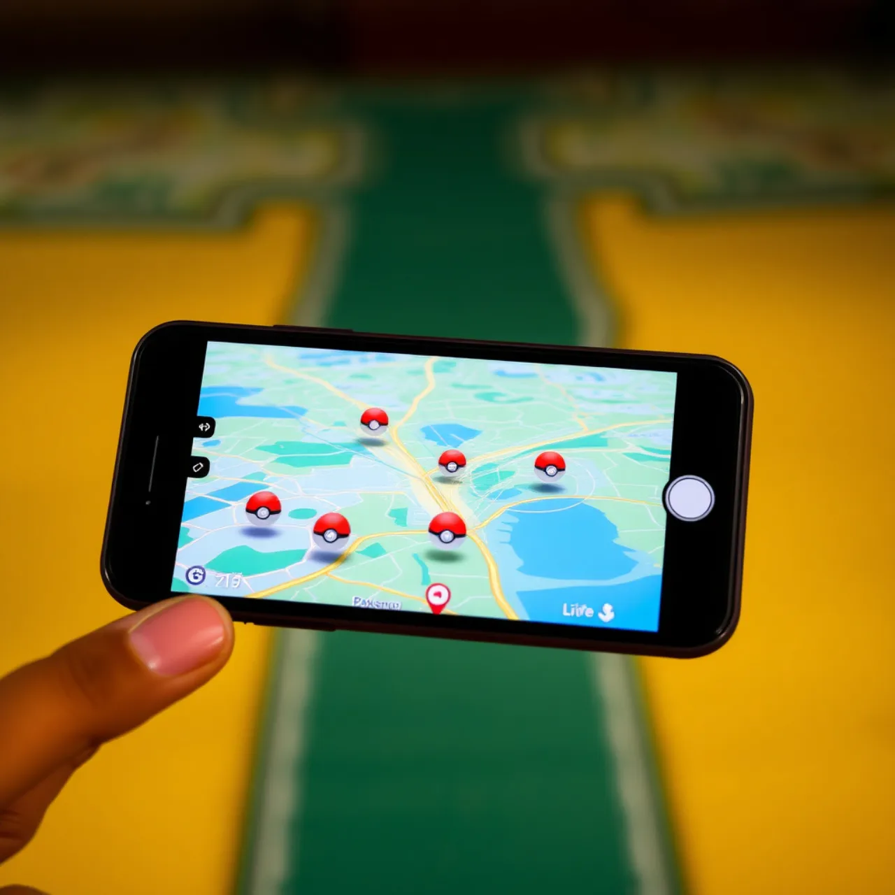 Mão segurando smartphone exibindo Pokémon GO, com um pequeno dispositivo eletrônico ao lado lançando pokéballs