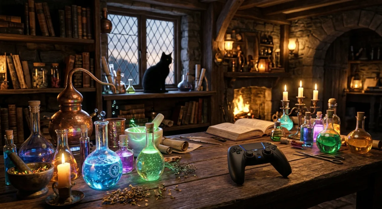 Maomao e Jinshi posam ao lado do logo do PlayStation 5, com fundo de laboratório inspirado no anime