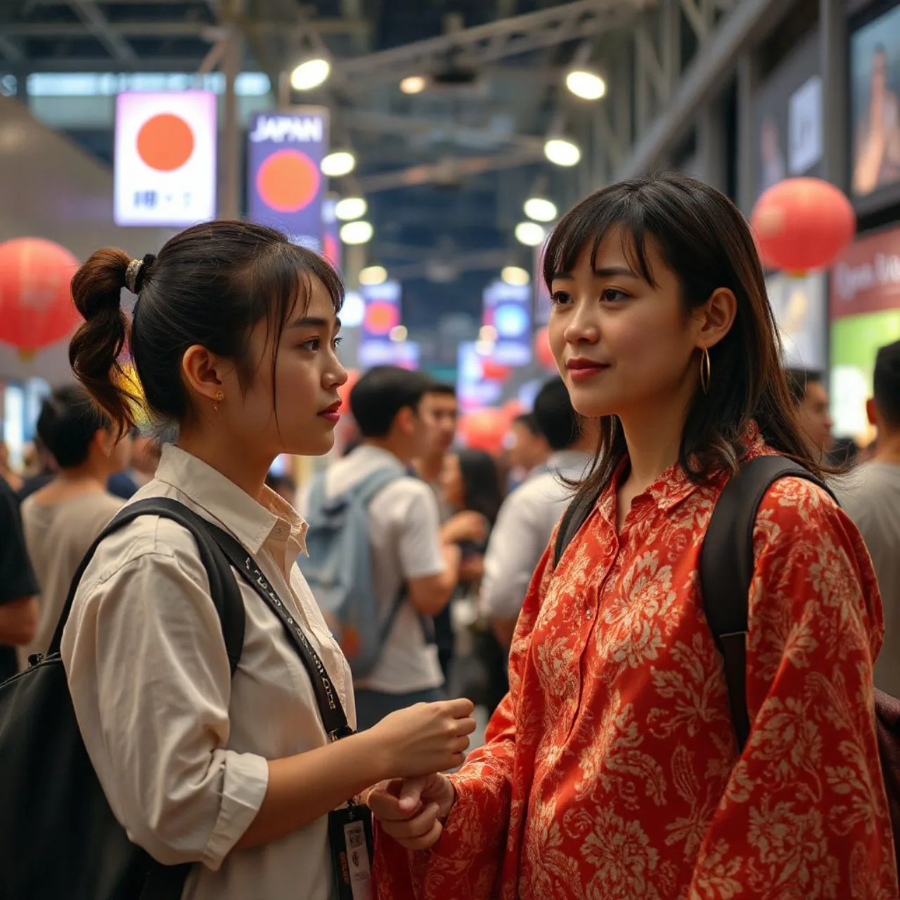 Jovens fazendo alongamento ao ar livre, vestindo roupas esportivas com bandeiras do Japão e da Espanha, estádio fundo