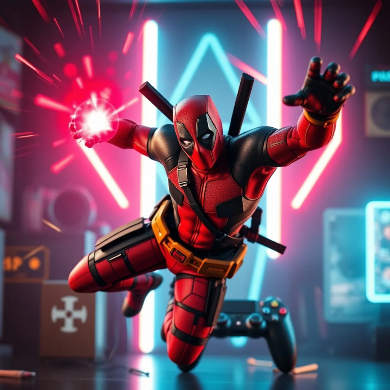 Um jovem musculoso usando fones, levantando halteres enquanto joga Deadpool no console PS5