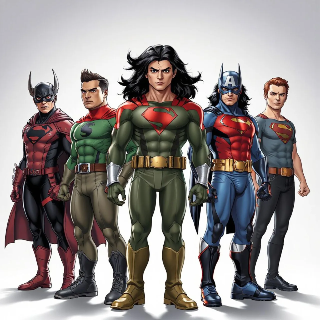 Emma Frost, Ciclope, Punisher, Deadpool e Homem‑Aranha em pose heroica, cercados por explosões e logotipo da Marvel