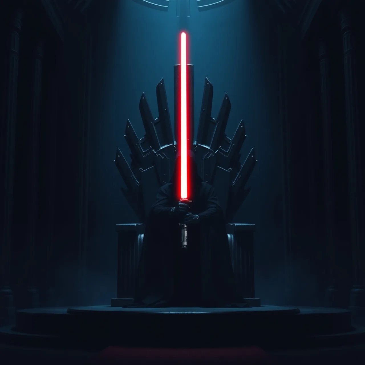 Pessoa vestindo roupa de treino cinza, segurando um sabre de luz vermelho, fazendo agachamento em estúdio