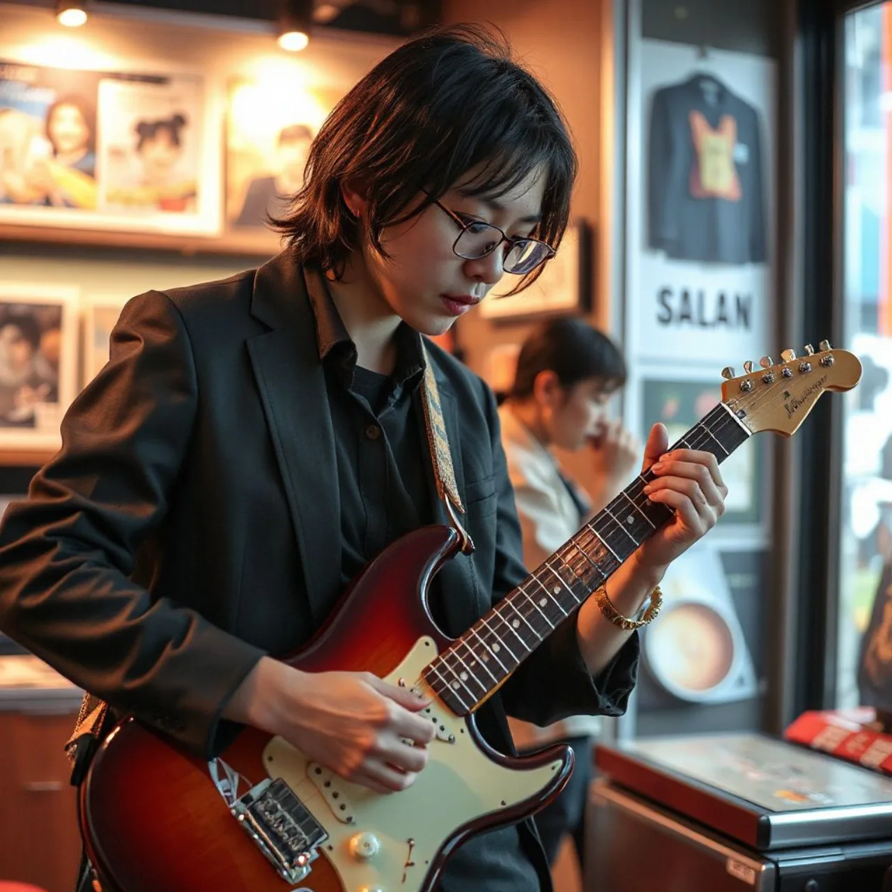 Mangaka Tsutomu Takahashi segurando guitarra enquanto faz alongamento de braços em estúdio