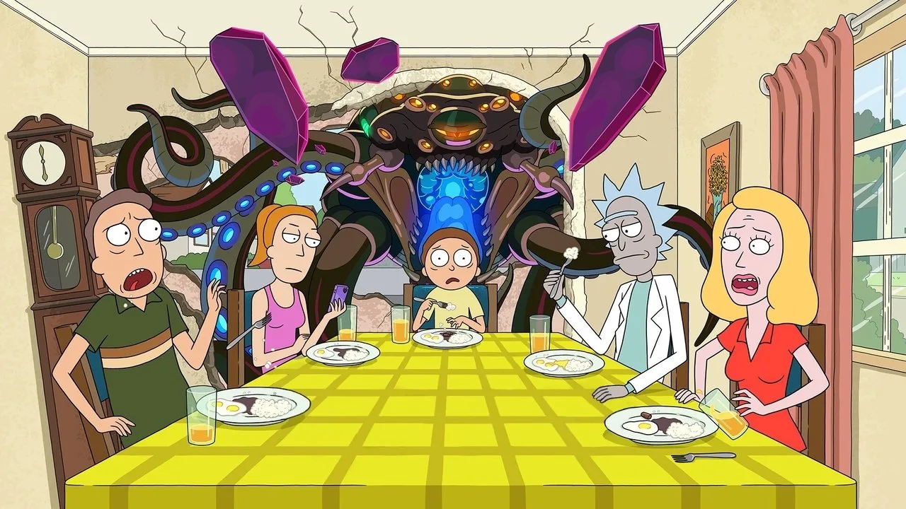 Rick e Morty correndo em uma esteira futurista ao lado de um shake proteico e halteres metálicos em uma nave espacial