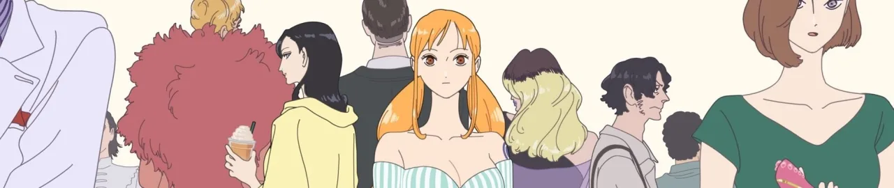 AiNA THE END cantando ao microfone, fundo azul estrelado e capa de One Piece Heroines ao lado