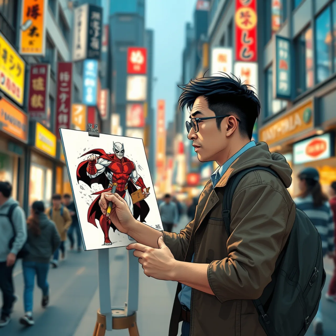 Pessoa em camiseta de super-herói, segurando um mangá da Marvel, faz agachamento com halteres ao fundo