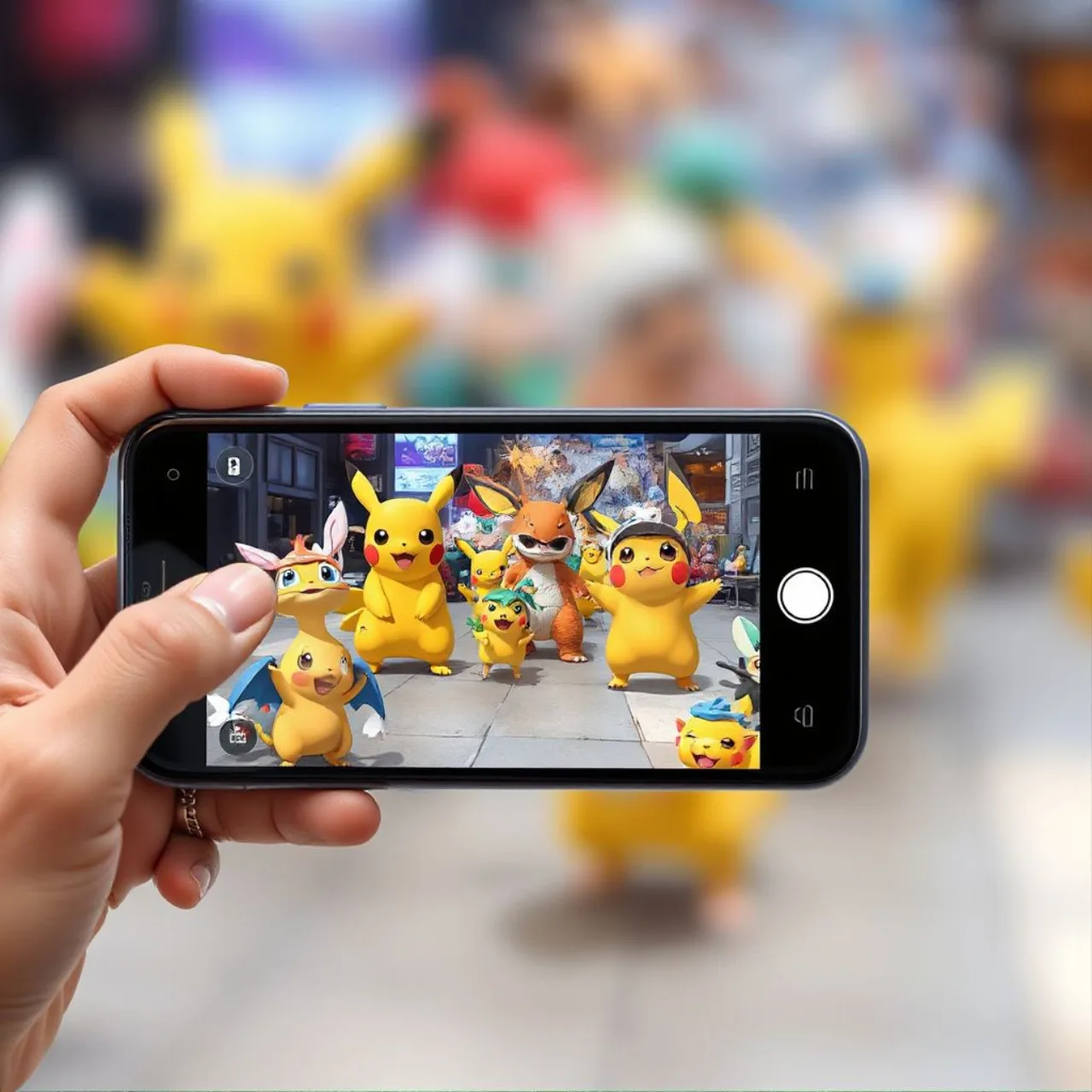 Jovens correndo no parque, segurando smartphones que exibem o mapa do Pokémon GO com um Charizard ao fundo