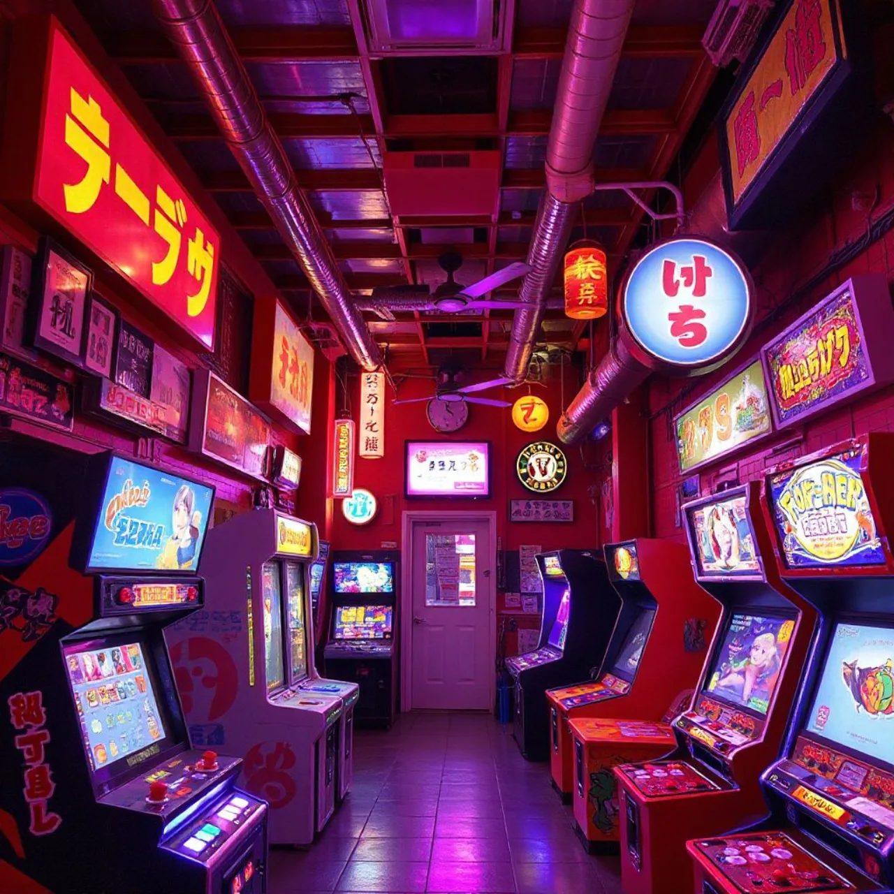 Neon "NQ JPN" ilumina bar de arcade em Soho, com máquinas de fliperama japonesas e drinks coloridos ao fundo