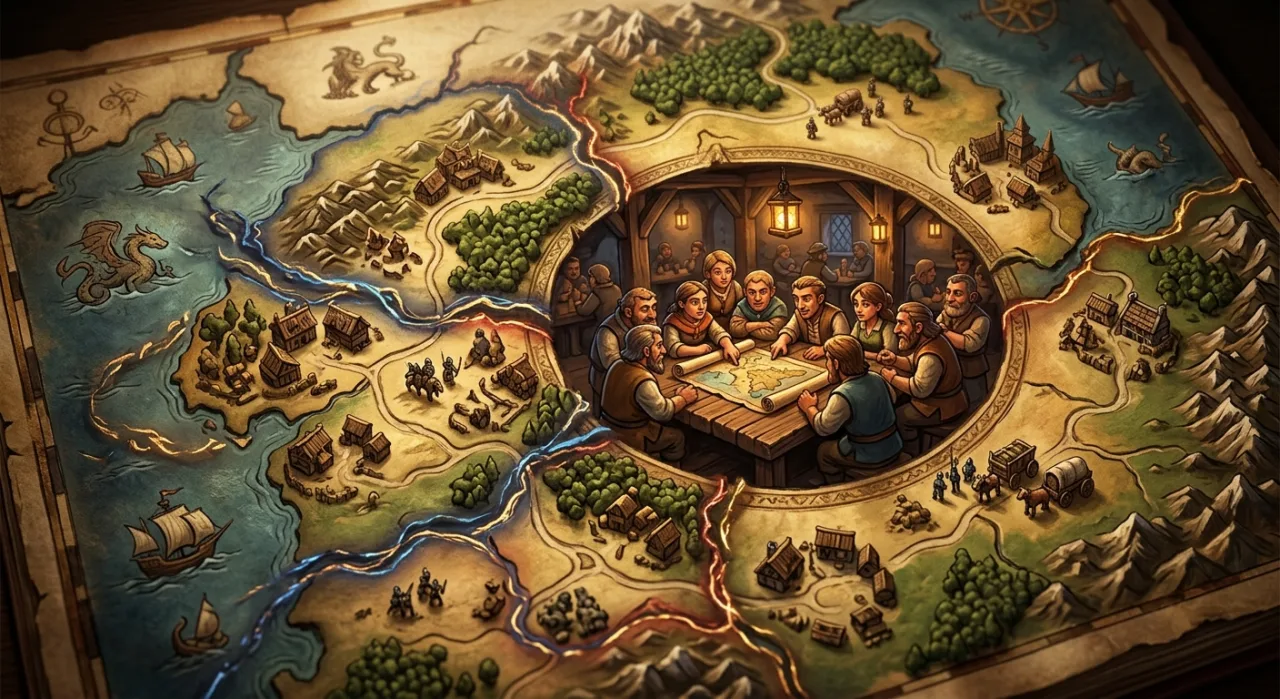 Jogador concentrado com controle, ao lado de halteres, garrafa d'água e barra de proteína, mapa do jogo ao fundo