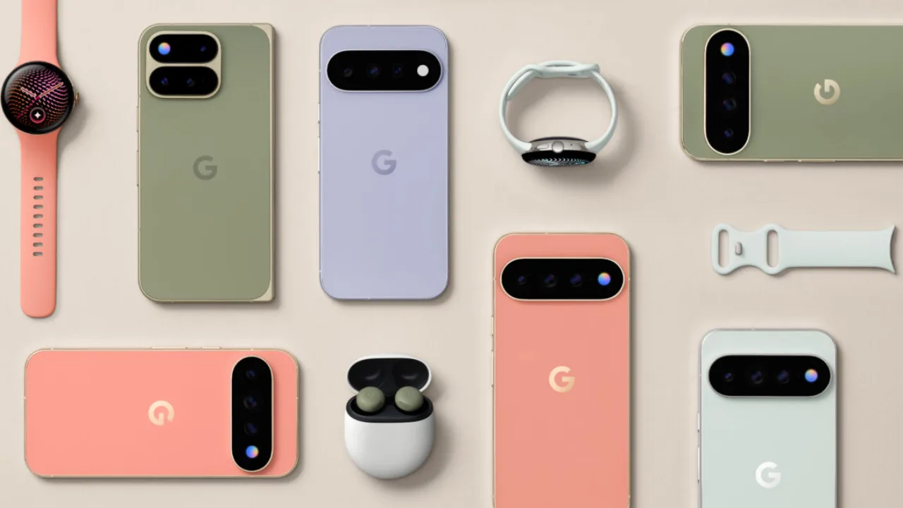 Pessoa correndo ao ar livre usando Pixel Watch 5, com tela exibindo frequência cardíaca e passos, enquanto segura um Pixel 11