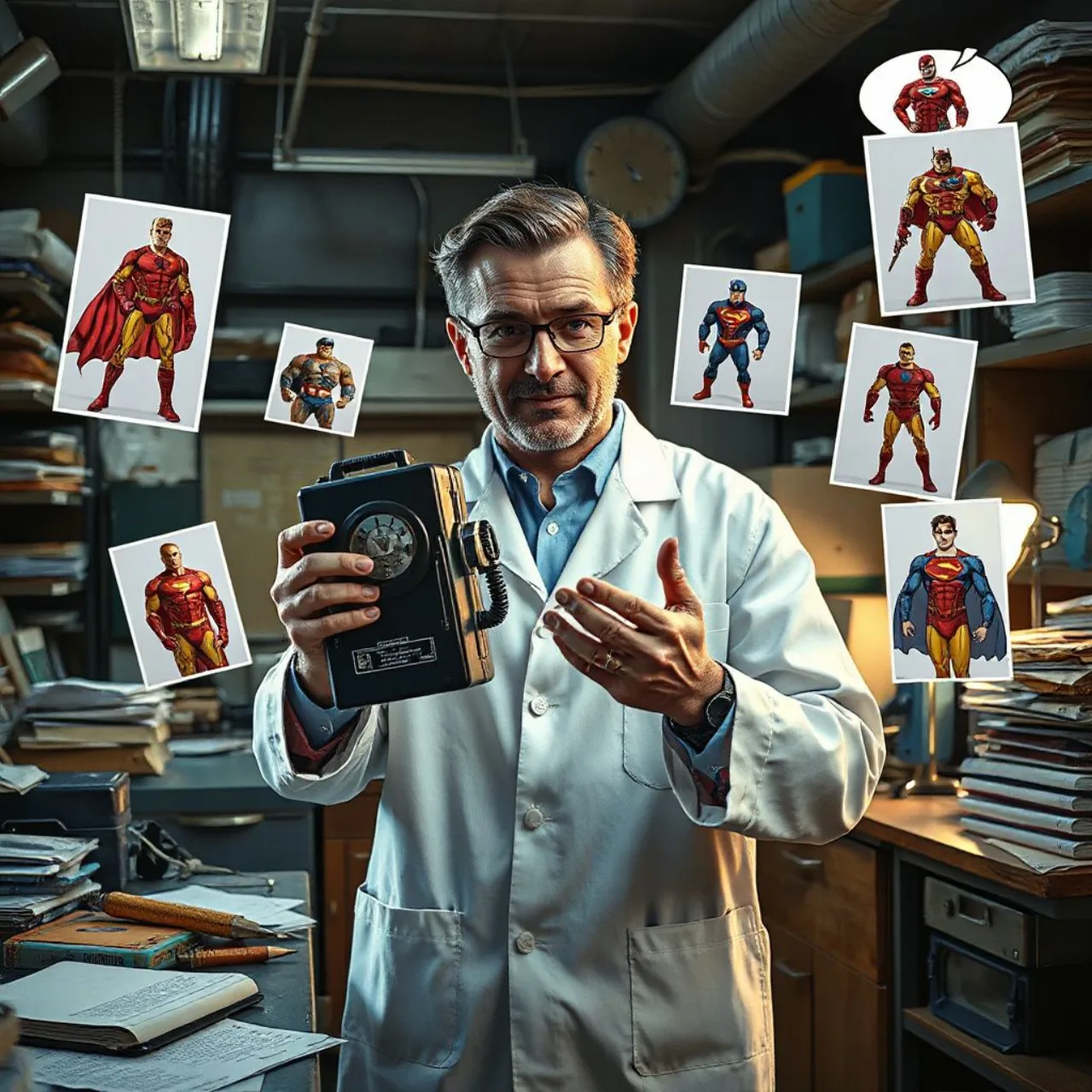 Michael Douglas como Hank Pym em seu traje de Homem‑Formiga, cercado por equipamentos de laboratório e o logo da Marvel