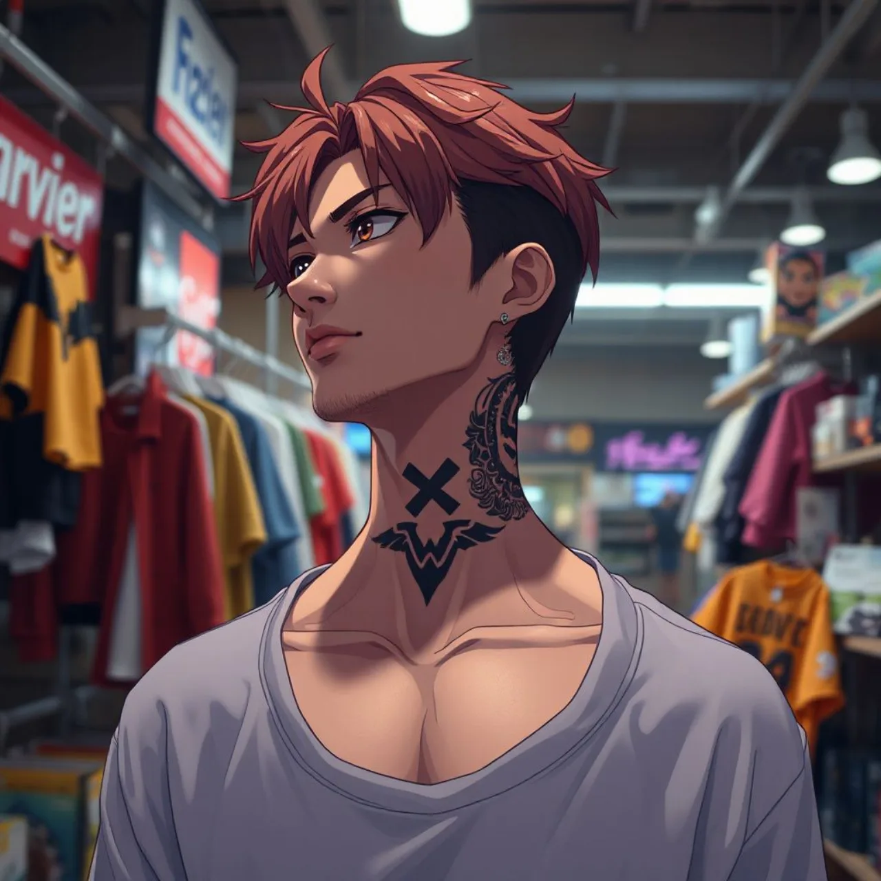 Enjin de Gachiakuta exibindo a nova tatuagem no pescoço ao lado de sua versão original