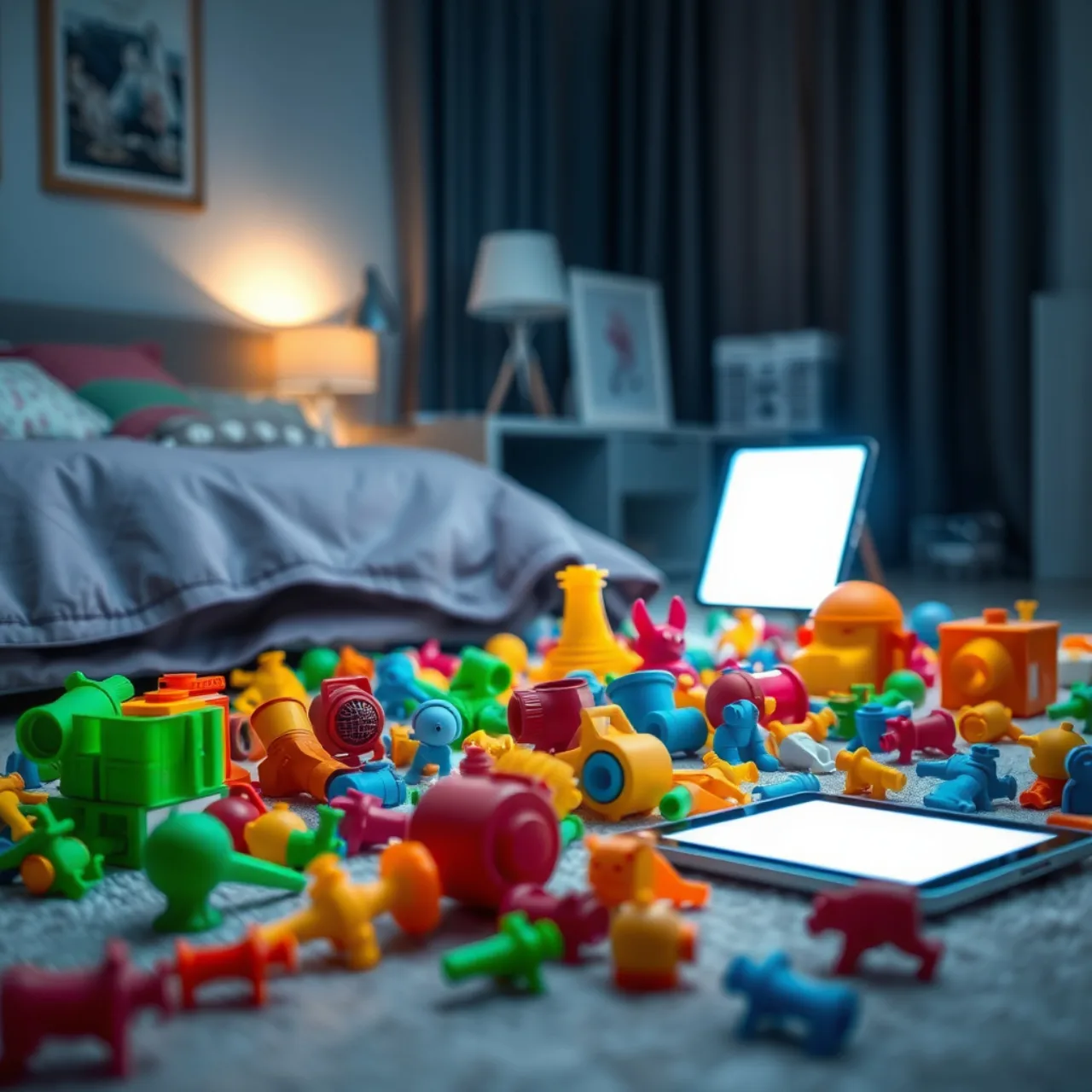 Mulher faz alongamento usando tablet com tela exibindo personagens de Toy Story