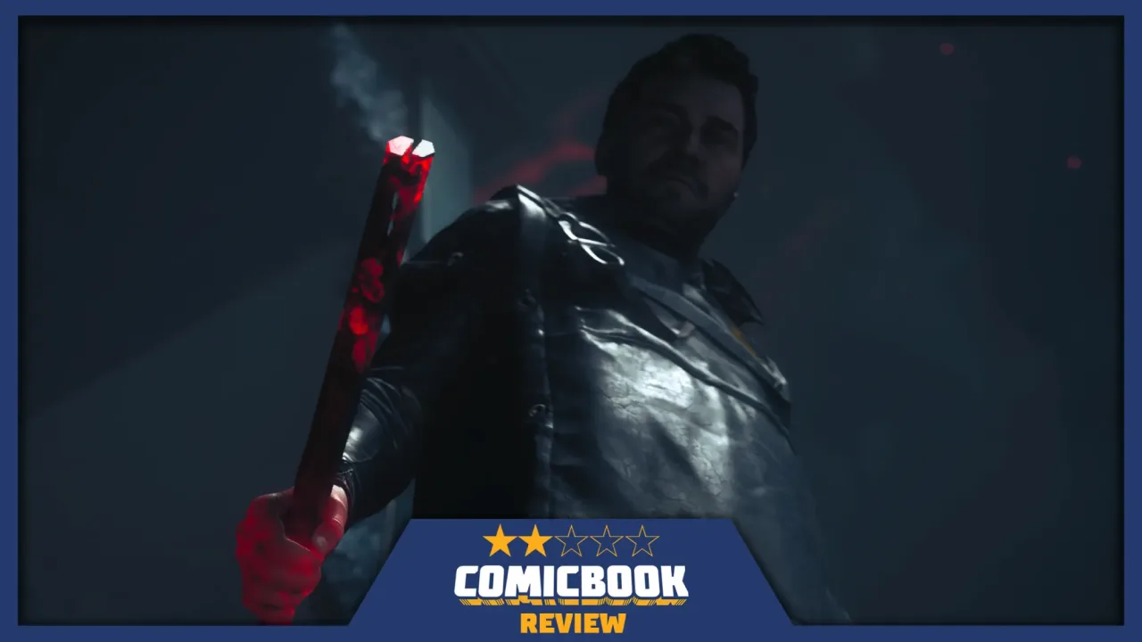 Jesse Faden empunha sua arma contra sombras do Hiss em uma rua sombria de Manhattan, com o logo de Control ao fundo