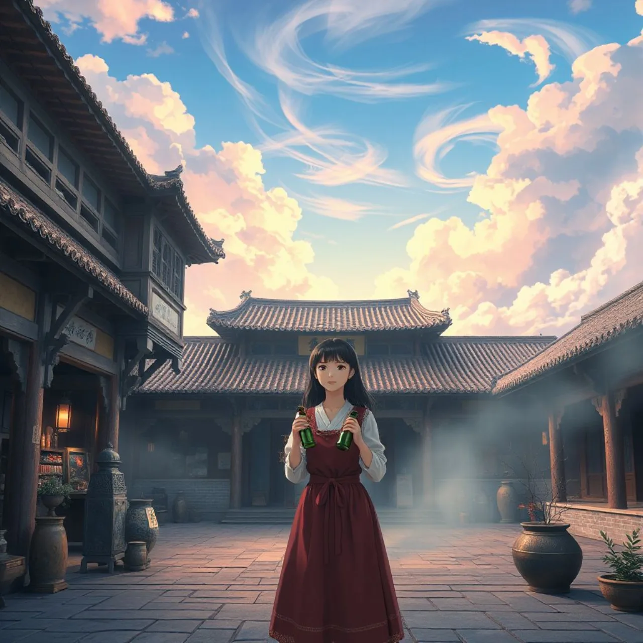 Maomao em um jardim ao entardecer, cercada por frascos de poções, com o logo de The Apothecary Diaries ao fundo