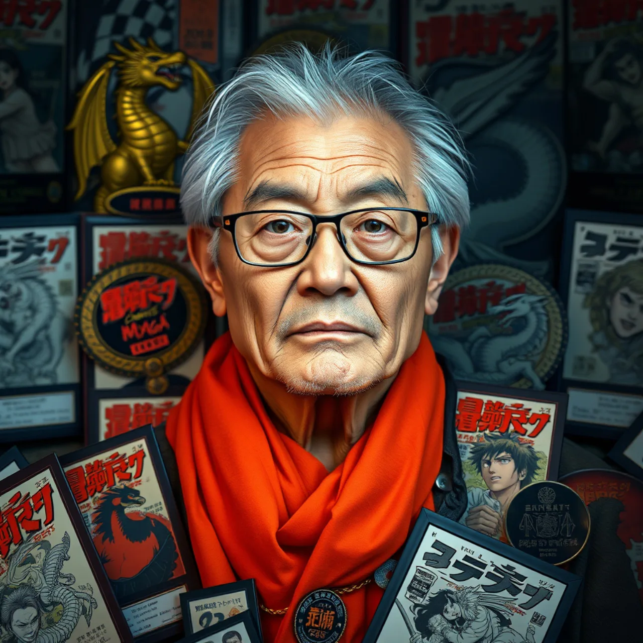 Toriyama segurando o troféu Eisner, rodeado por figuras de Dragon Ball e consoles de videogame