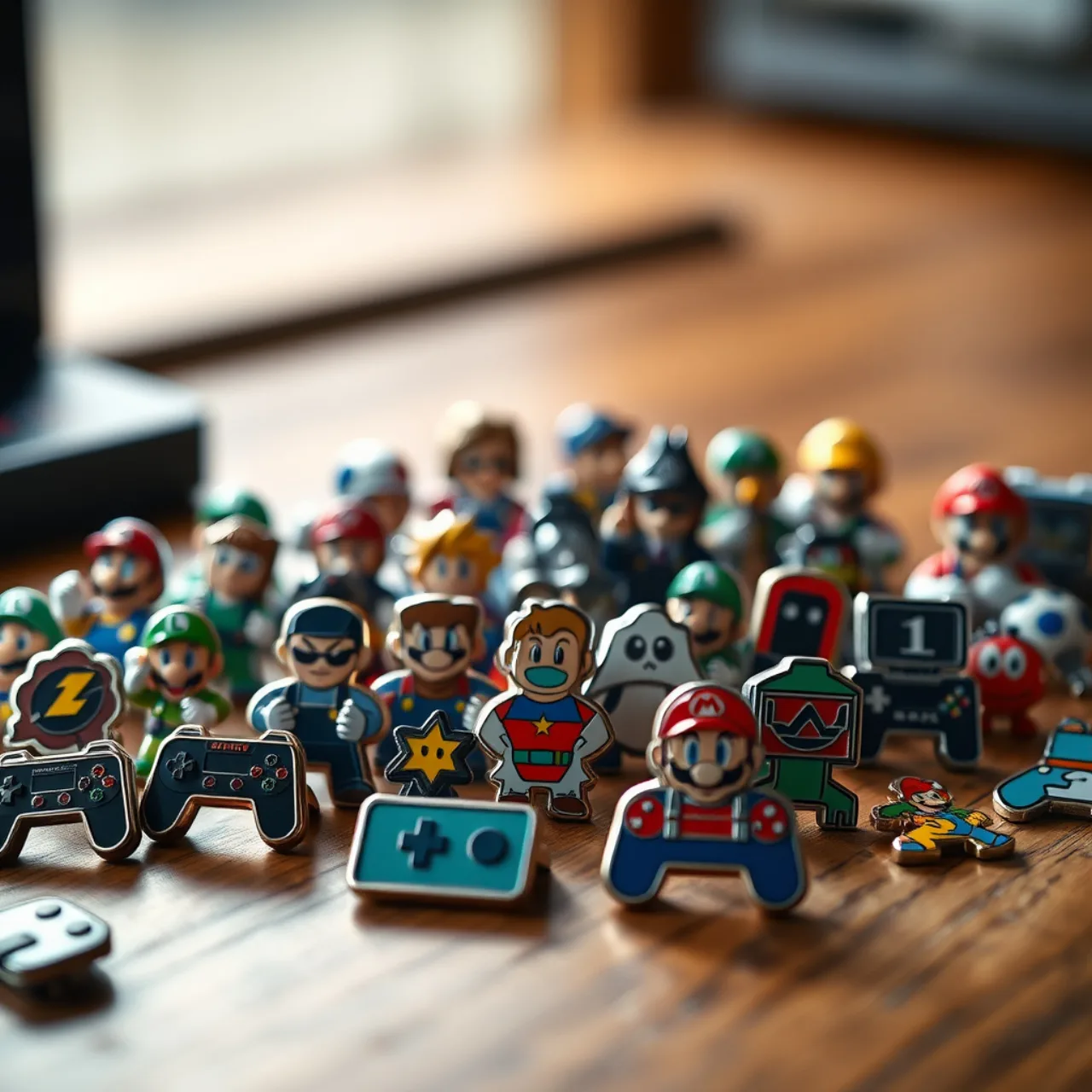 Jovem vestindo camiseta do Mario segura halteres e exibe os pins comemorativos sobre a mesa