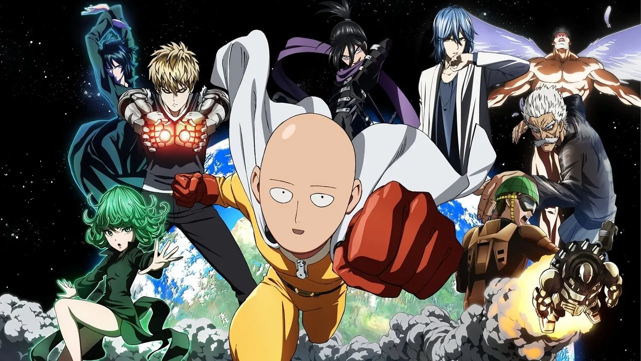 Homem musculoso em traje de herói faz flexão de braço ao lado de uma TV exibindo One‑Punch Man