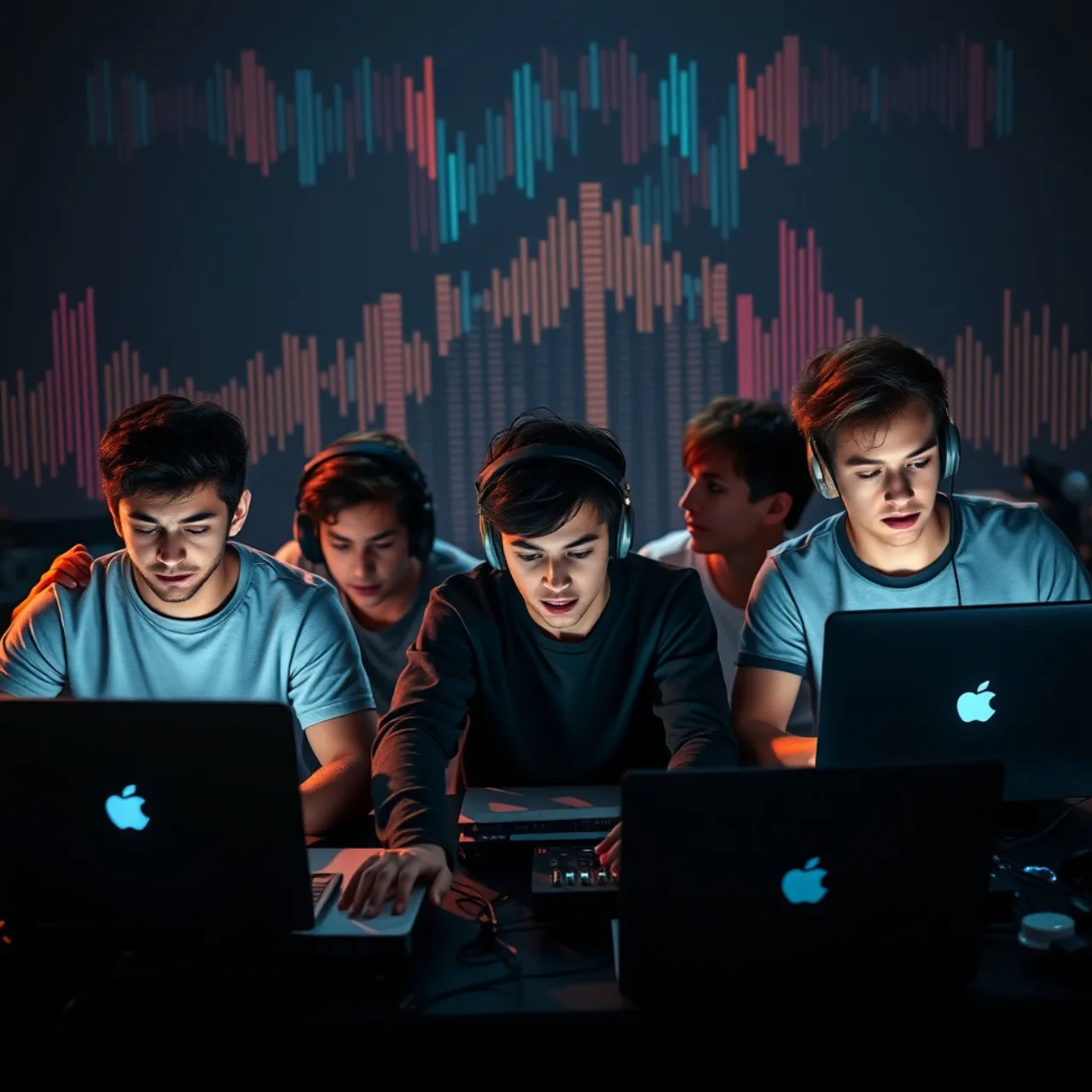 Artista com fones, laptop exibindo ondas sonoras e halteres ao lado, simbolizando criatividade e bem‑estar