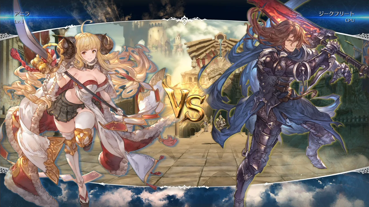 Jovem em roupa esportiva faz polichinelos segurando o Nintendo Switch 2 com Granblue Fantasy Versus: Rising aberto na tela