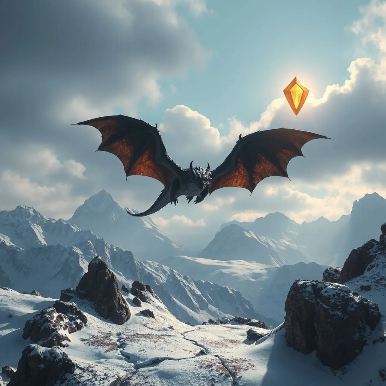 Console PS5 ao lado da caixa de Skyrim com o logo e ícones das três novas expansões Creations ao fundo
