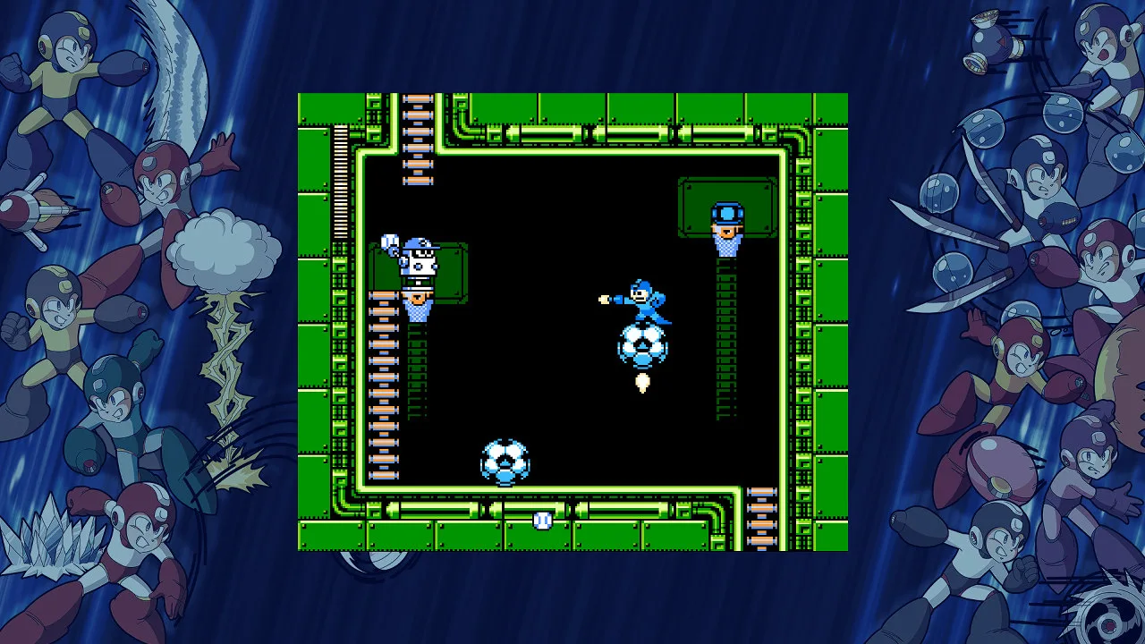 Jovem faz agachamento segurando controle de Mega Man, ao lado de garrafa d’água e barra de proteína
