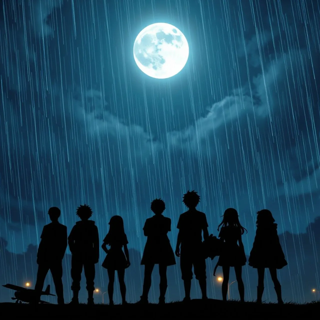 Iori Saeki em close, capa molhada, sob chuva noturna, com a lua cheia ao fundo e o logo de “The Moon on a Rainy Night”
