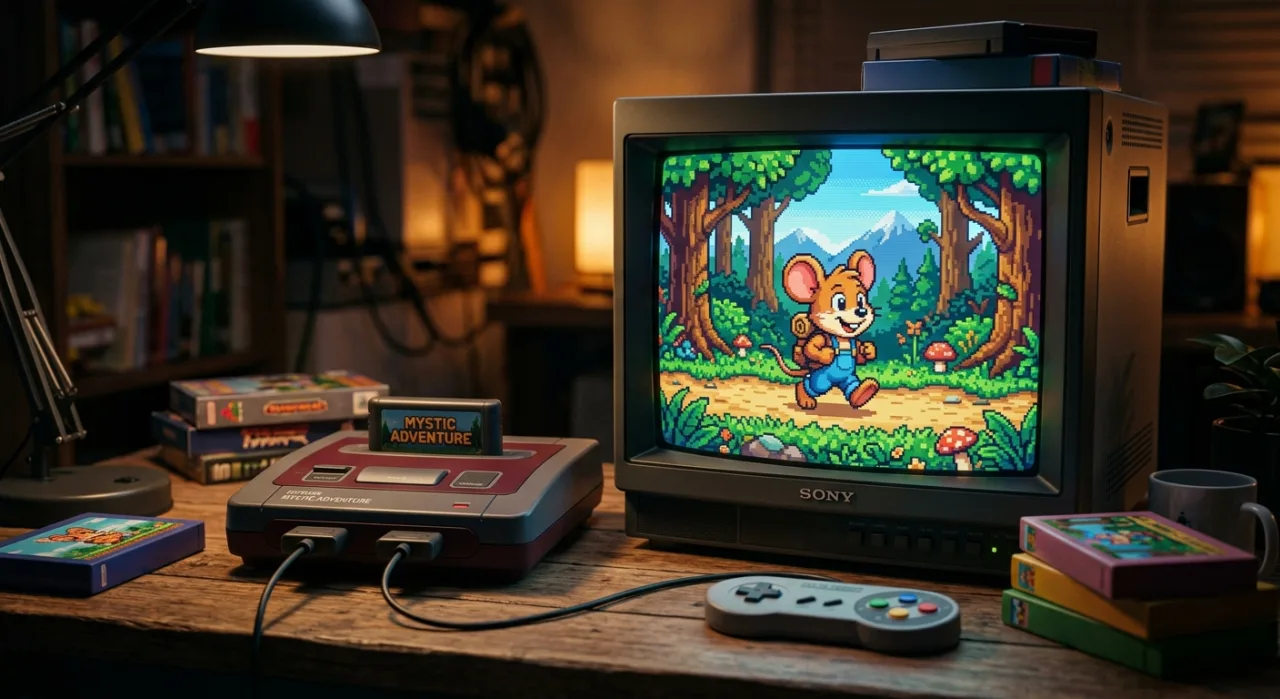 Logo de Forest Of Illusion ao lado dos logotipos da Amiga e do Neo Geo, indicando a migração de plataforma