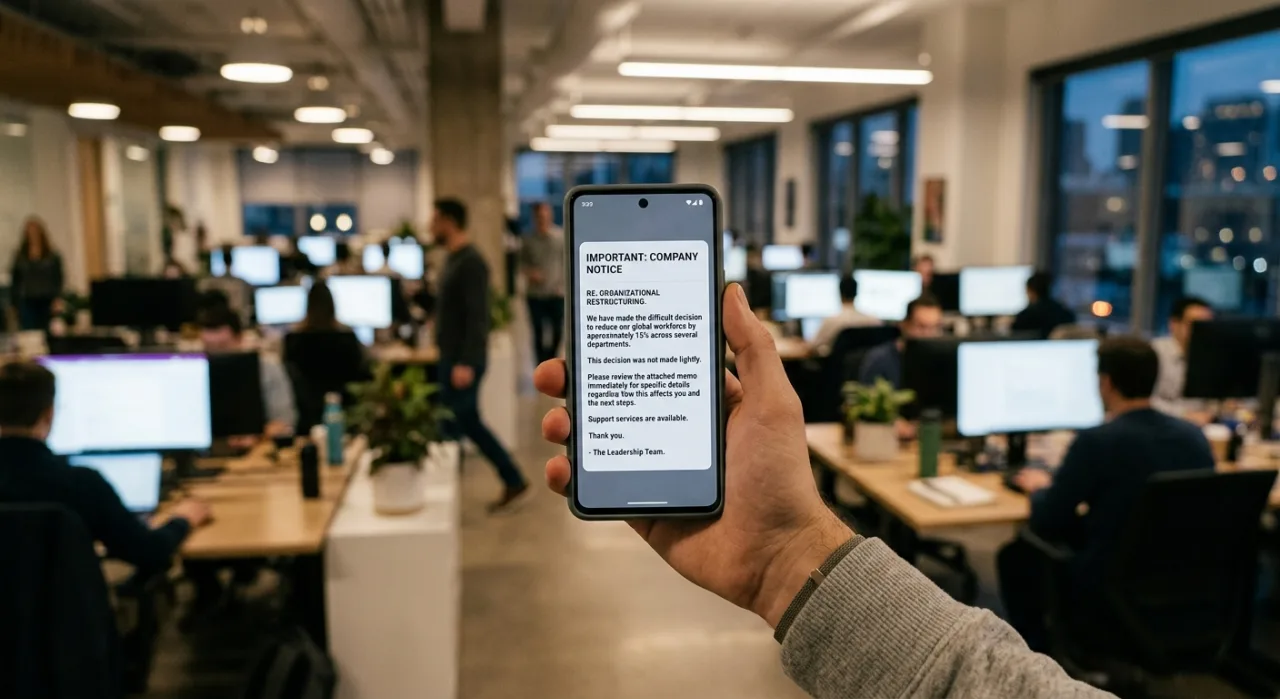 Pessoa exausta em frente a um computador, segurando uma maçã e um copo d'água, simbolizando o estresse do trabalho