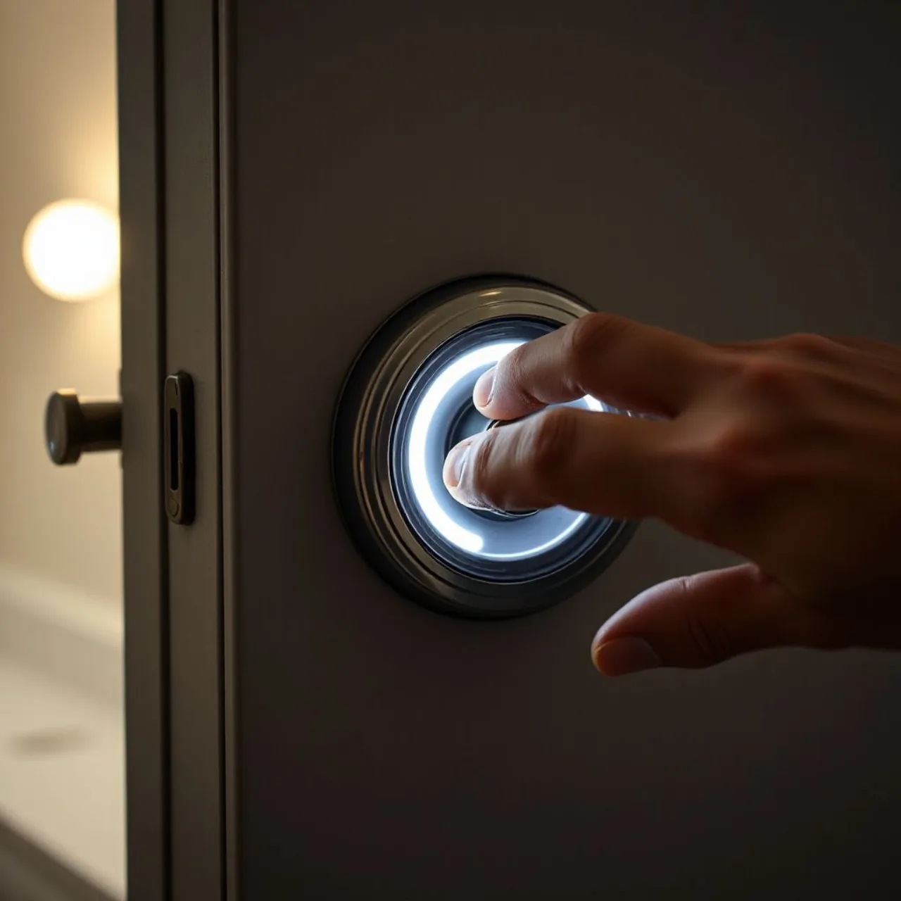 Ring Smart Lock com seu dial giratório destacado ao lado da caixa e logo da Ring, pronto para recarregar a bateria