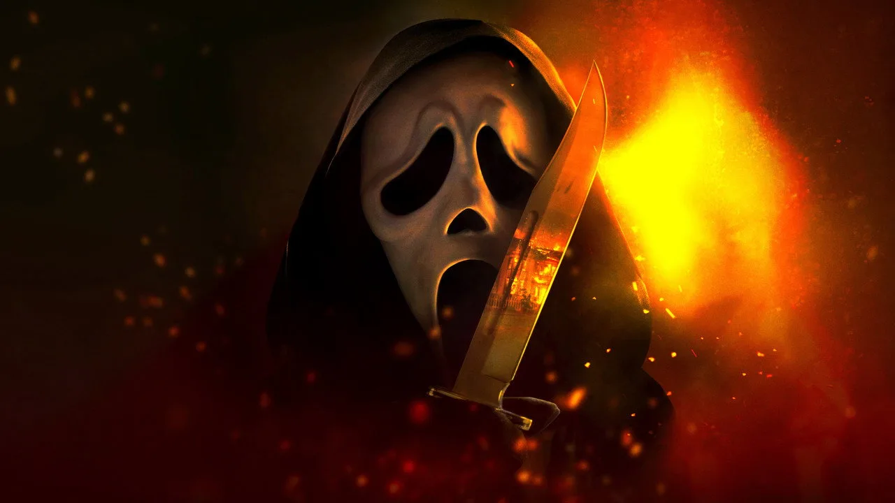 Mulher fazendo agachamento com halteres ao lado de uma TV exibindo pôster de Scream 7