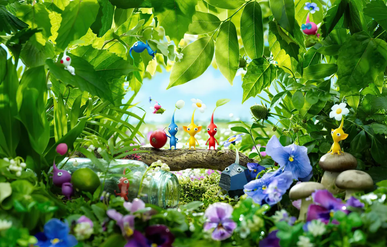 Jovem fazendo agachamento segurando o controle do Switch 2, com tela 4K exibindo Pikmin ao fundo