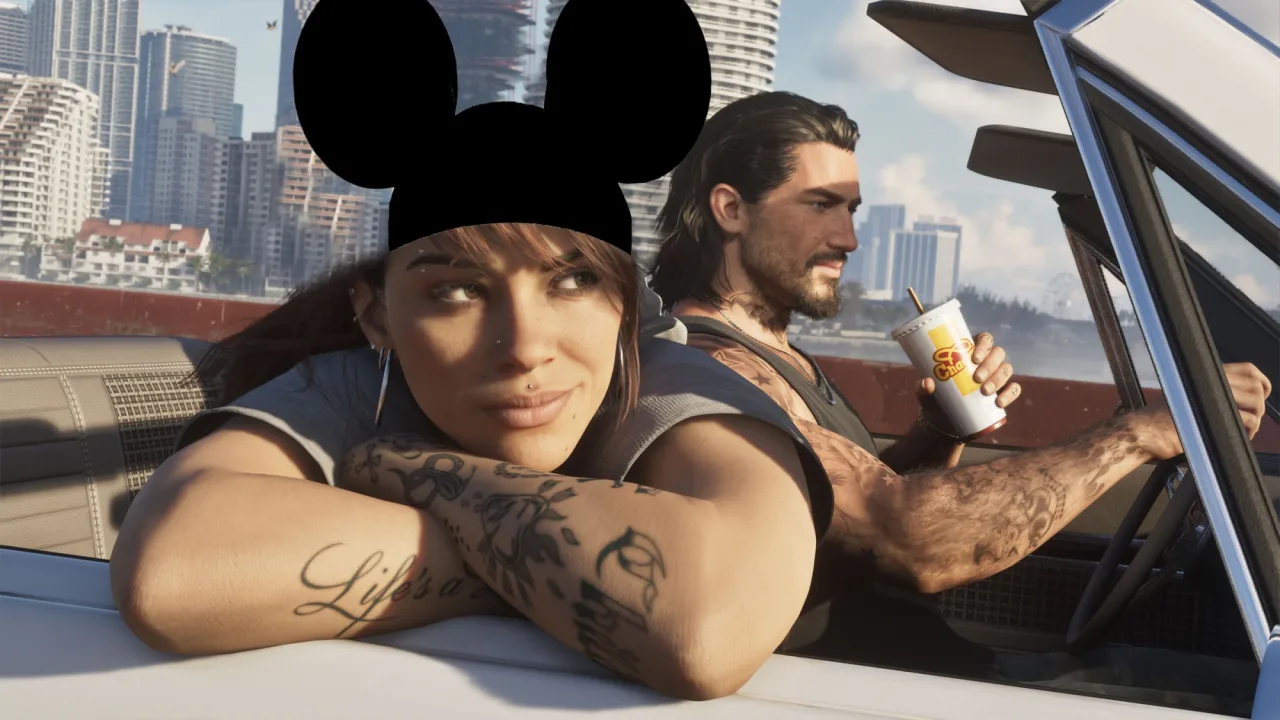 Logo de GTA 6 sobre mapa da Flórida com ícones da Disney, Universal e SeaWorld riscados