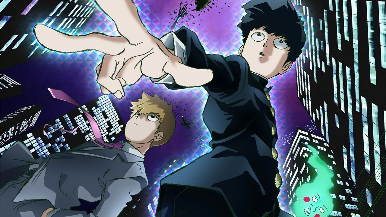 Jovem vestindo camiseta do Mob Psycho 100 faz flexão em academia iluminada, com pôster do anime ao fundo