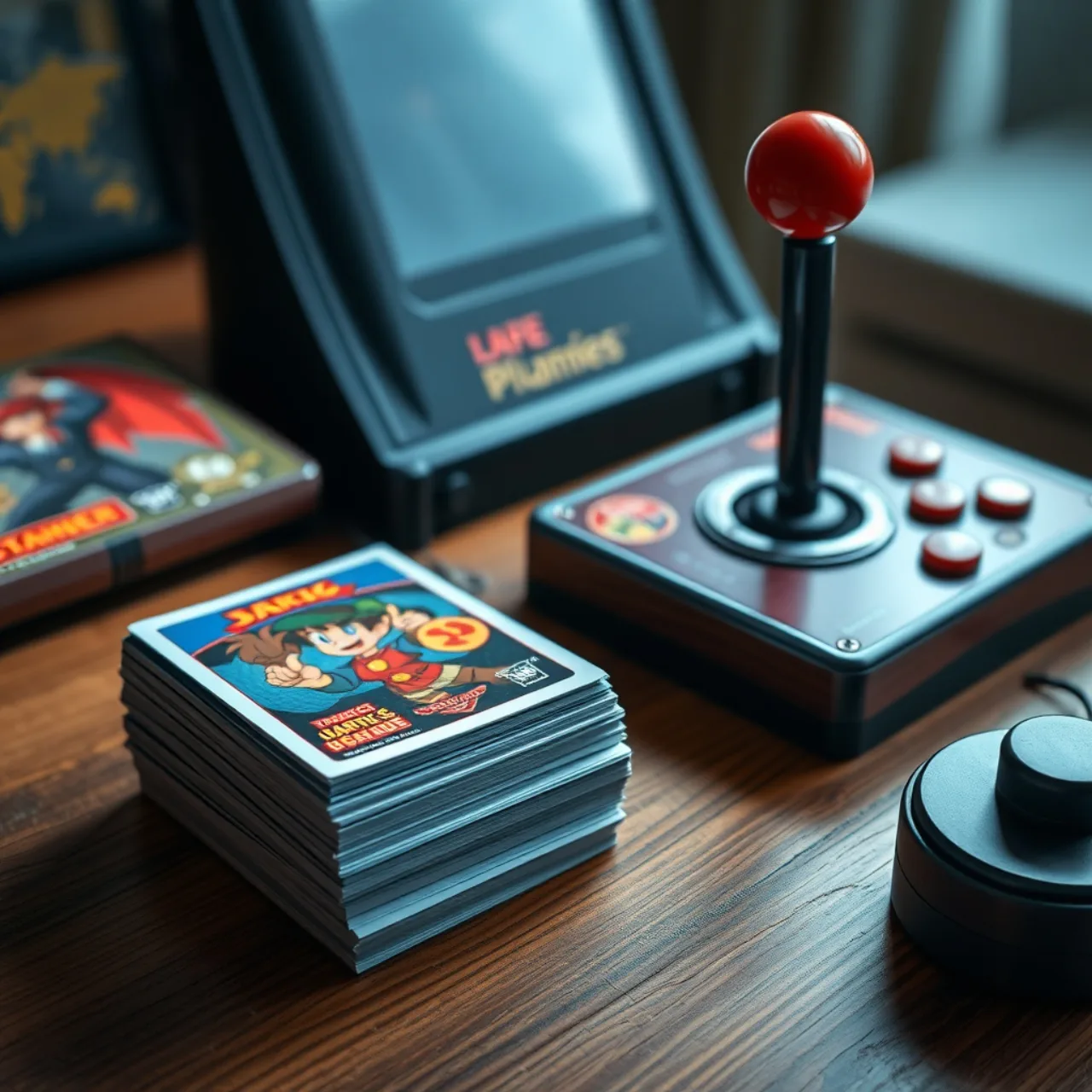 Jovem segurando o Switch, vestindo roupa esportiva, exibindo o pack de 39 cartas ao lado de uma garrafa d'água
