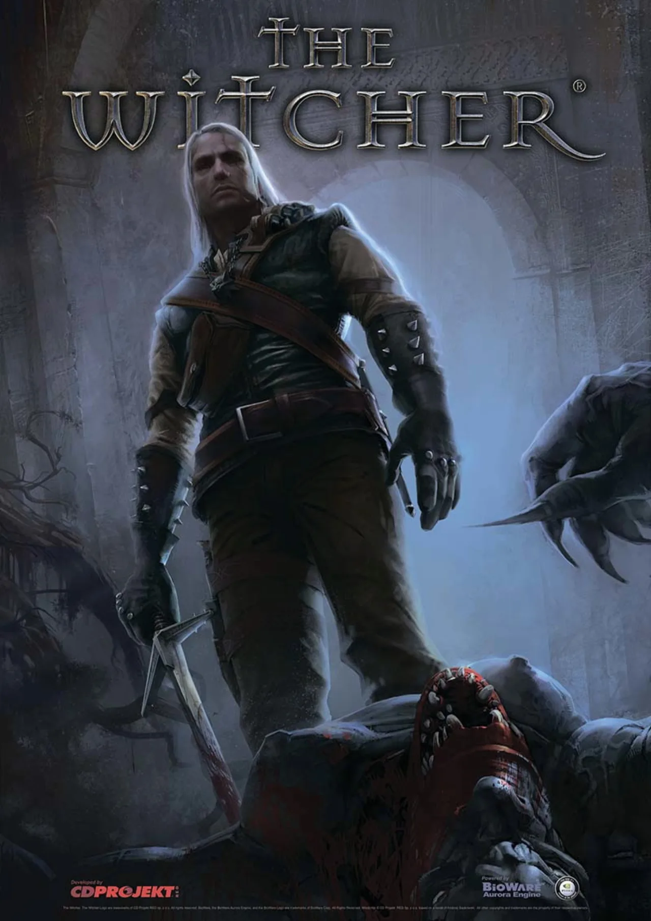Jogador sentado no sofá, vestindo camiseta de The Witcher, levantando halteres enquanto assiste trailer no TV