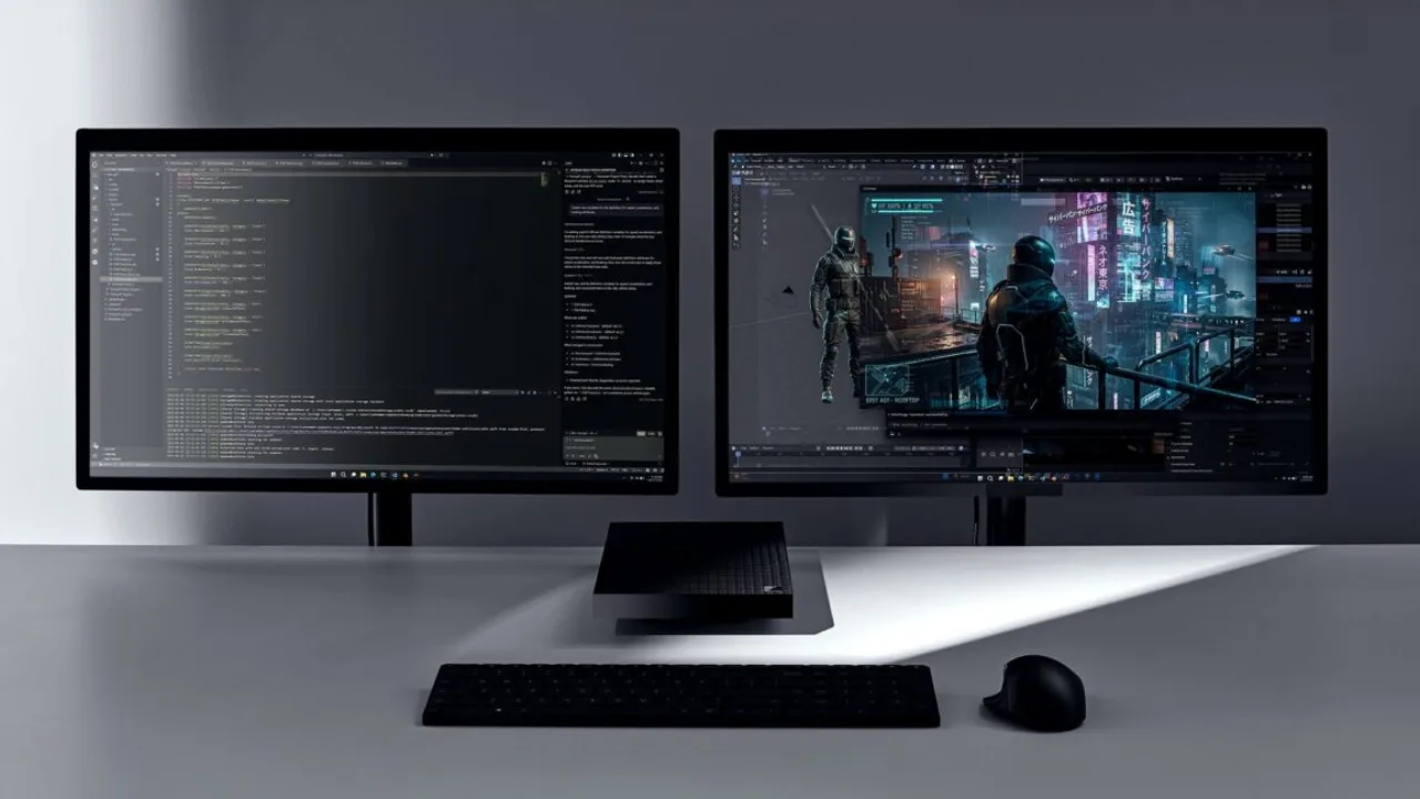 Programador em pé ao lado de um Surface RTX Spark, segurando garrafa de água e halteres